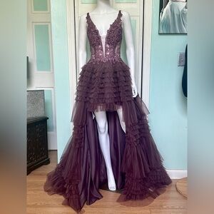 Size 10 Colette Prom CL12281 Heather Purple Pageant Ruffle Skirt High Low Dress